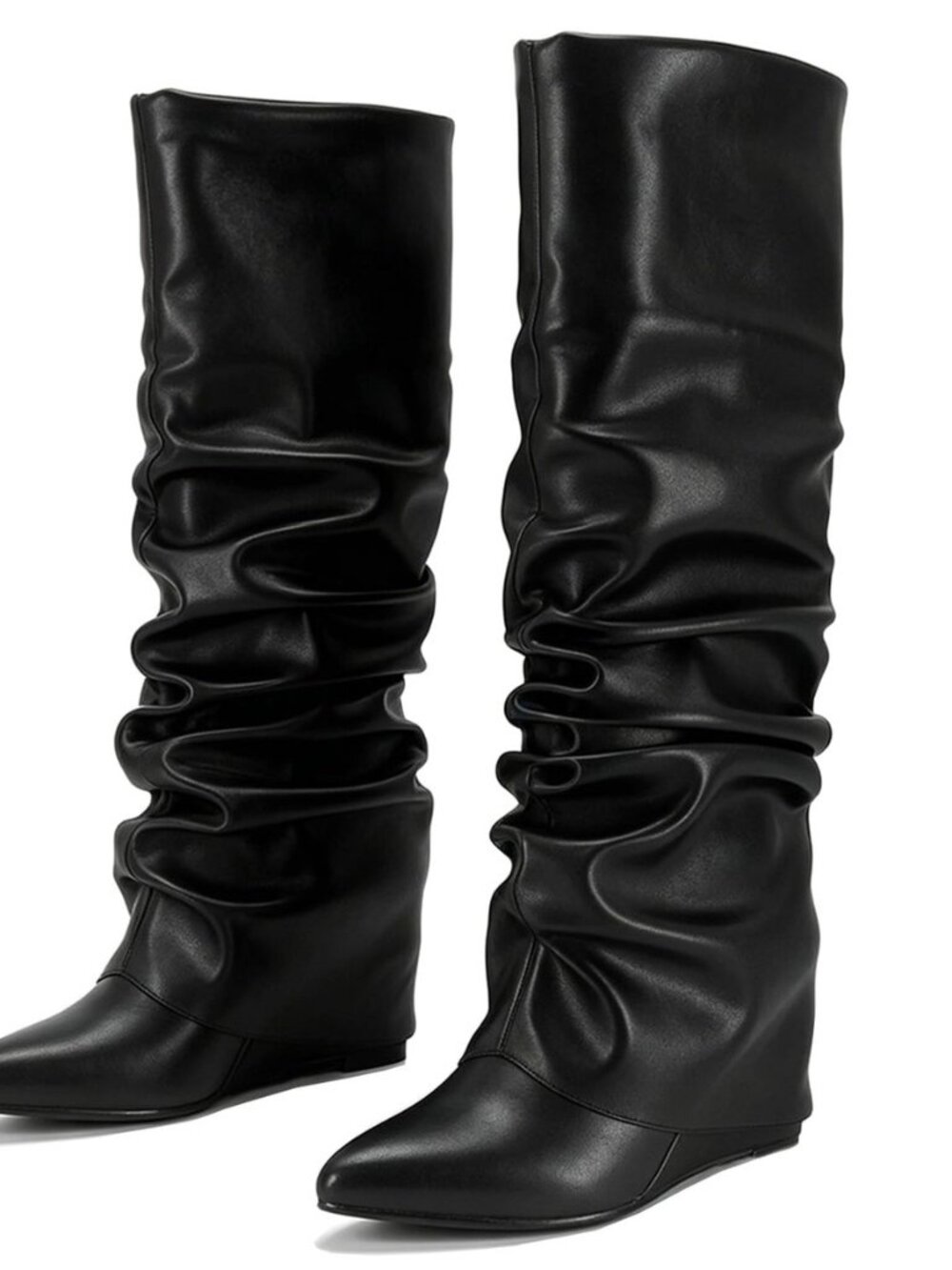 Fold Over Boots for Women Slouched Wedge Heels Knee High Pointed Toe